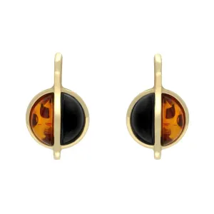 9ct Yellow Gold Whitby Jet Amber Semi Circle Long Top Stud Earrings D