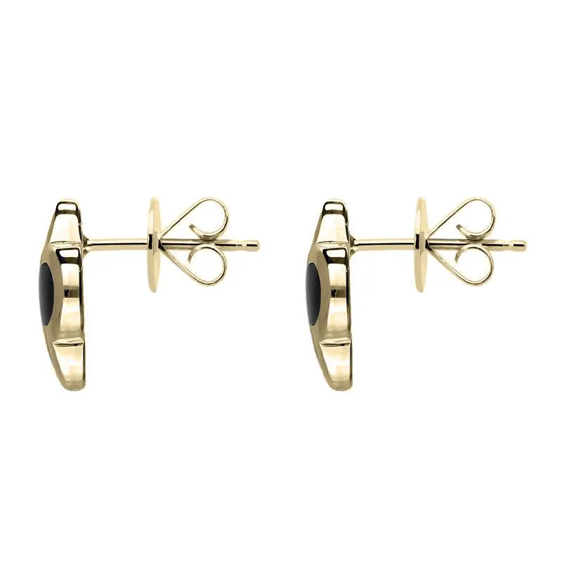 9ct Yellow Gold Whitby Jet Bloom Four Leaf Clover Stud Earrings