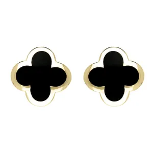 9ct Yellow Gold Whitby Jet Bloom Four Leaf Clover Stud Earrings