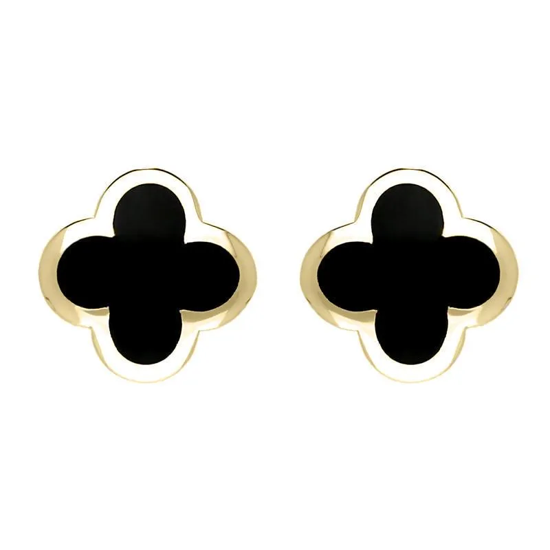 9ct Yellow Gold Whitby Jet Bloom Four Leaf Clover Stud Earrings