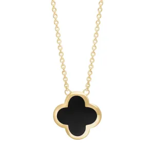 9ct Yellow Gold Whitby Jet Bloom Large Four Leaf Clover Polished Edge Pendant