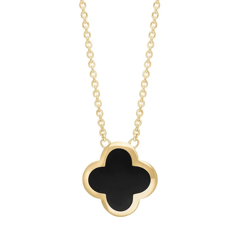 9ct Yellow Gold Whitby Jet Bloom Large Four Leaf Clover Polished Edge Pendant