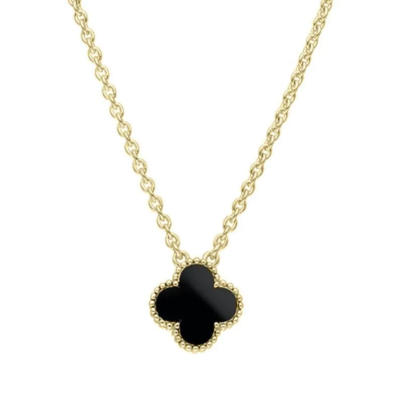 9ct Yellow Gold Whitby Jet Bloom Small Four Leaf Clover Ball Edge Chain Necklace