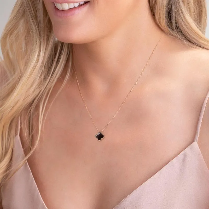 9ct Yellow Gold Whitby Jet Bloom Small Four Leaf Clover Ball Edge Chain Necklace