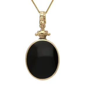 9ct Yellow Gold Whitby Jet Blue John Double Sided Oval Fob Necklace