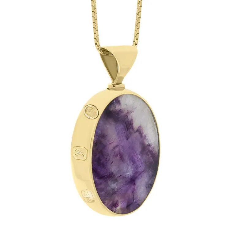 9ct Yellow Gold Whitby Jet Blue John King's Coronation Hallmark Double Sided Oval Necklace D