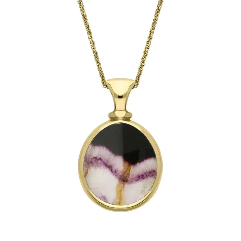 9ct Yellow Gold Whitby Jet Blue John Small Double Sided Pear Fob Necklace