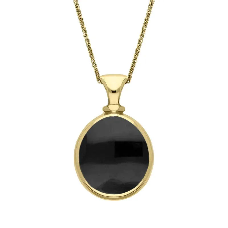 9ct Yellow Gold Whitby Jet Blue John Small Double Sided Pear Fob Necklace