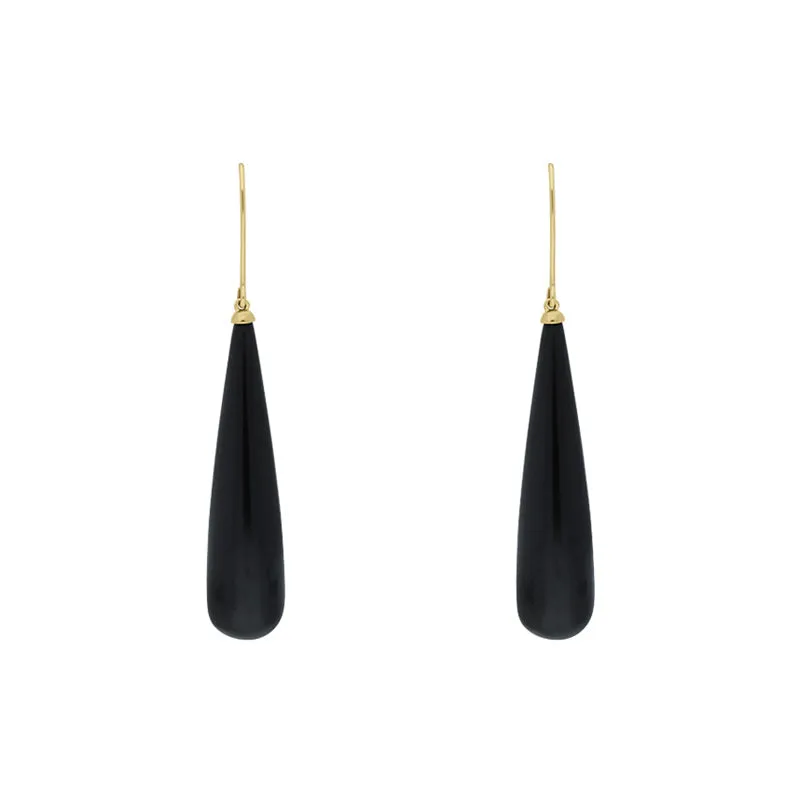 9ct Yellow Gold Whitby Jet Bomb Drop Long Hook Earrings D