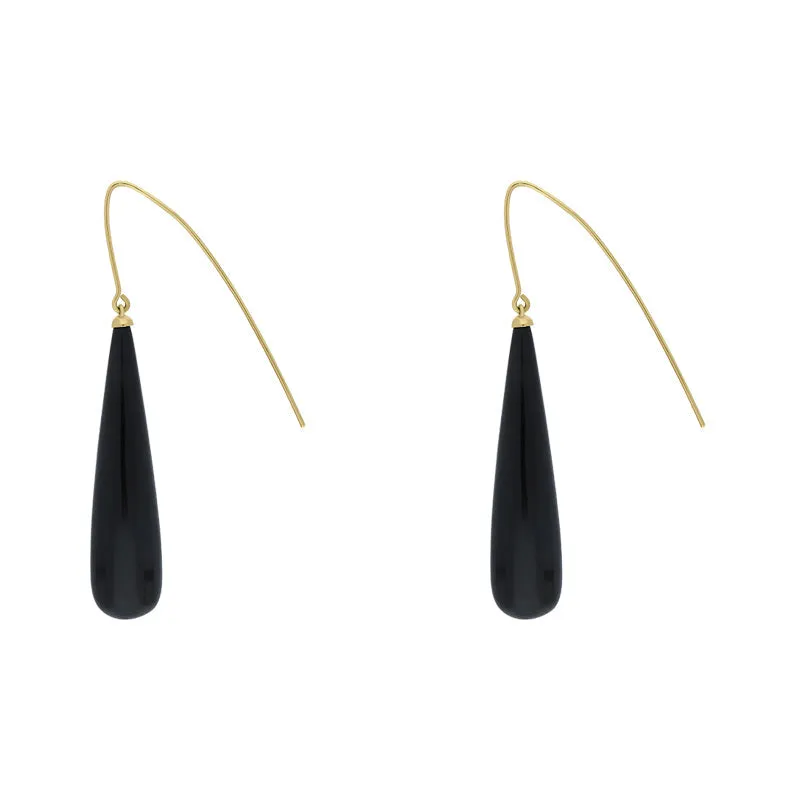 9ct Yellow Gold Whitby Jet Bomb Drop Long Hook Earrings D