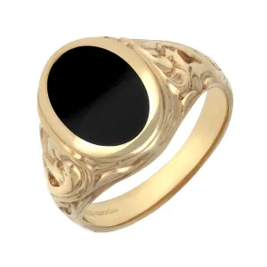 9ct Yellow Gold Whitby Jet Carved Shoulder Oval Signet Ring