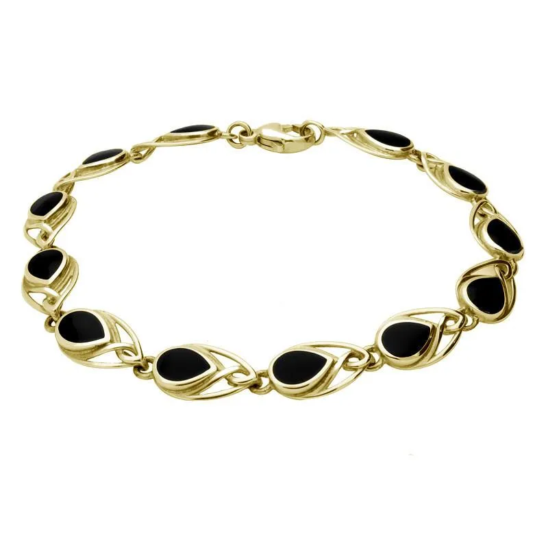 9ct Yellow Gold Whitby Jet Celtic Twelve Stone Pear Bracelet