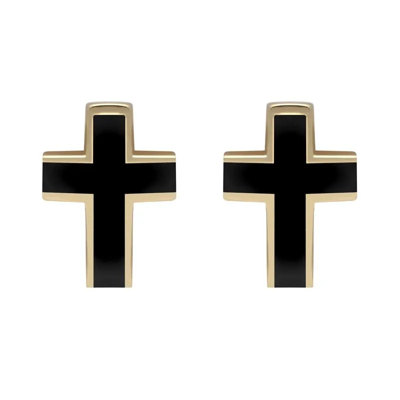 9ct Yellow Gold Whitby Jet Channel Set Cross Stud Earrings D