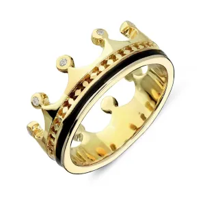9ct Yellow Gold Whitby Jet Diamond Tiara Patterned Band Ring