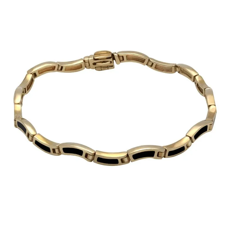 9ct Yellow Gold Whitby Jet Eighteen Stone Wavy Link Bracelet