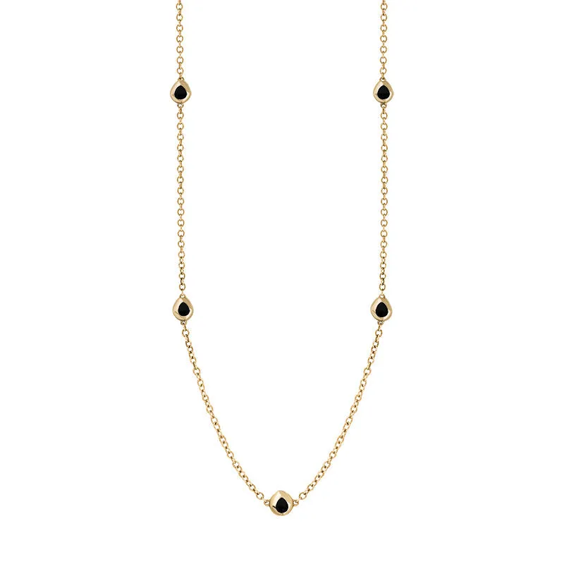 9ct Yellow Gold Whitby Jet Fleur De Lis Link Disc Chain Necklace