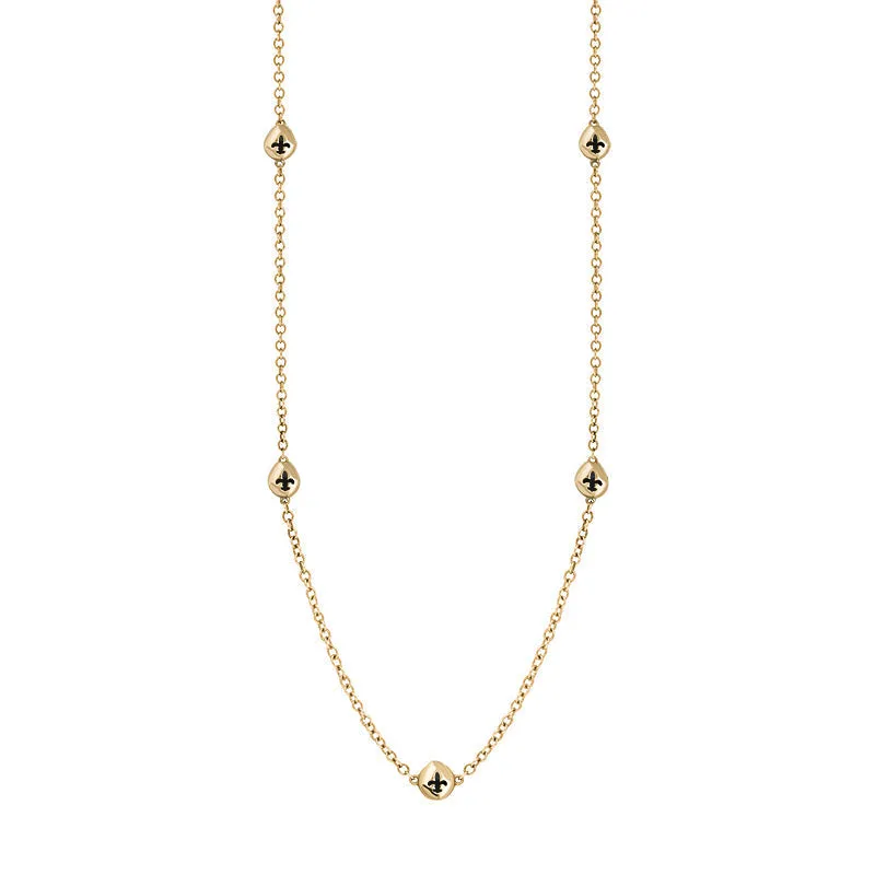 9ct Yellow Gold Whitby Jet Fleur De Lis Link Disc Chain Necklace