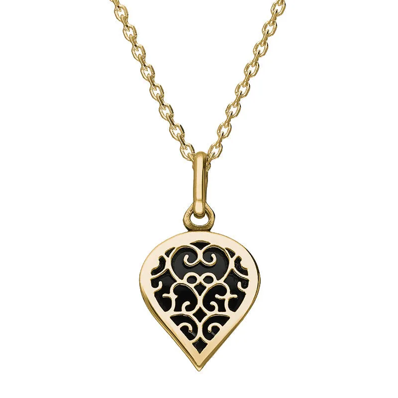 9ct Yellow Gold Whitby Jet Flore Filigree Small Heart Necklace