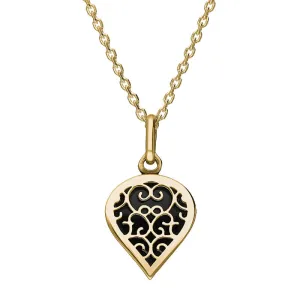 9ct Yellow Gold Whitby Jet Flore Filigree Small Heart Necklace