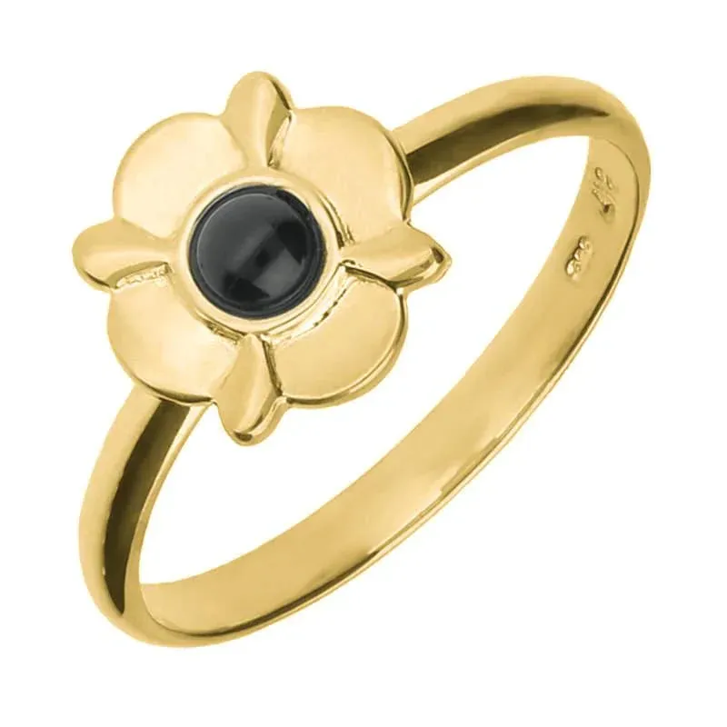 9ct Yellow Gold Whitby Jet Four Petal Round Ring