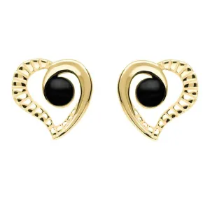 9ct Yellow Gold Whitby Jet Half Ridged Heart Stud Earrings