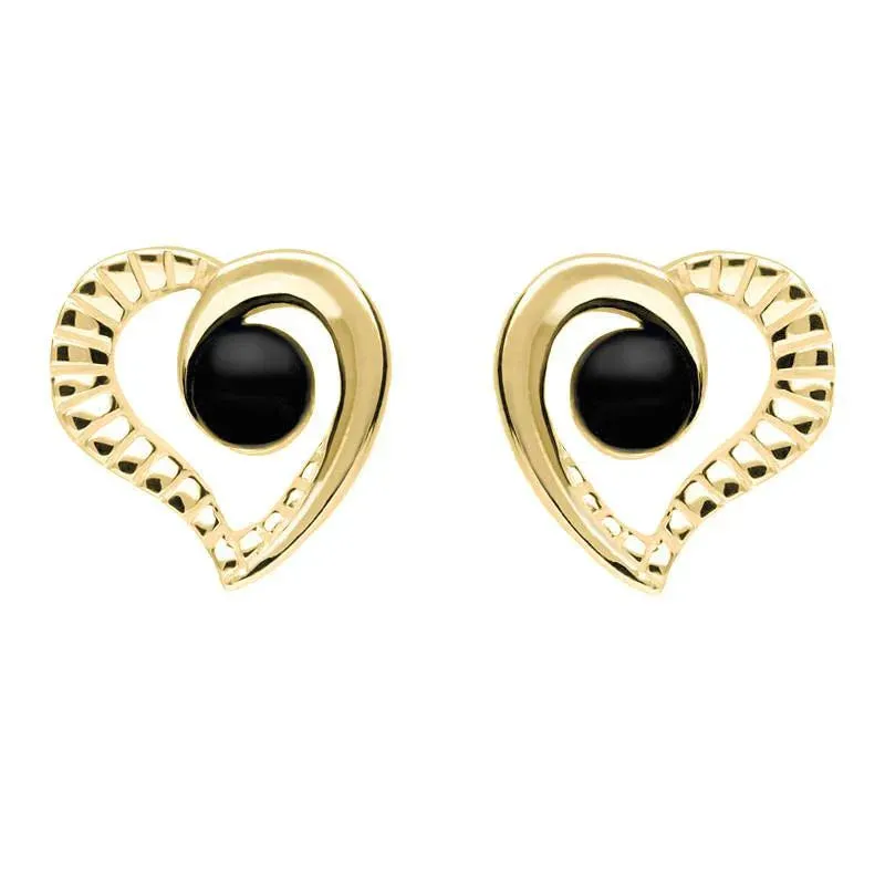 9ct Yellow Gold Whitby Jet Half Ridged Heart Stud Earrings