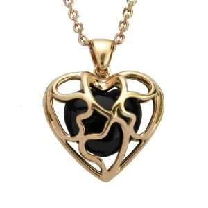 9ct Yellow Gold Whitby Jet Heart In Cage Necklace