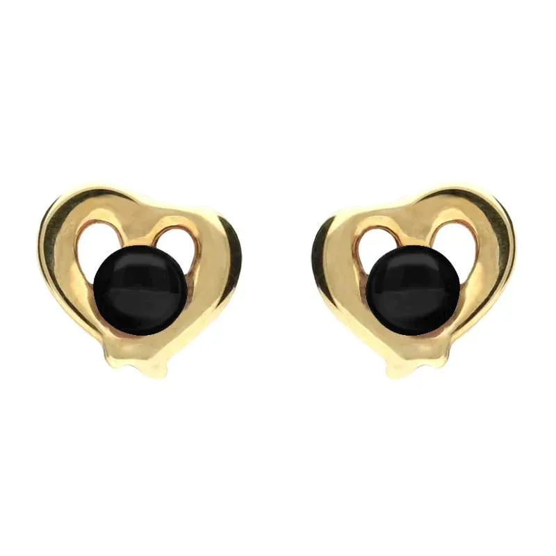 9ct Yellow Gold Whitby Jet Heart Outline Stud Earrings