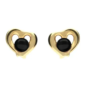 9ct Yellow Gold Whitby Jet Heart Outline Stud Earrings