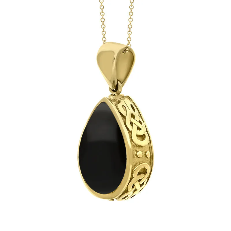 9ct Yellow Gold Whitby Jet Lapis Lazuli Double Sided Celtic Pear Cut Fob Necklace