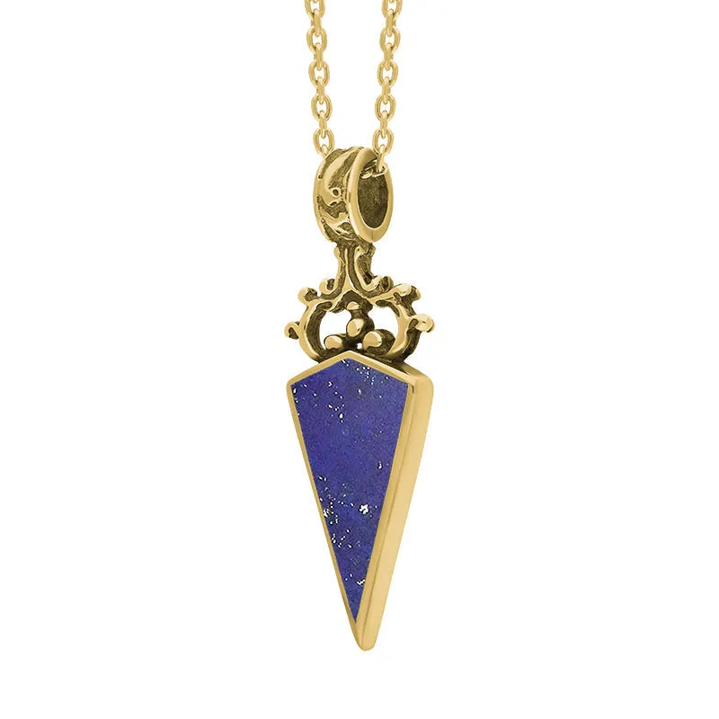 9ct Yellow Gold Whitby Jet Lapis Lazuli Double Sided Scroll Dagger Fob Necklace