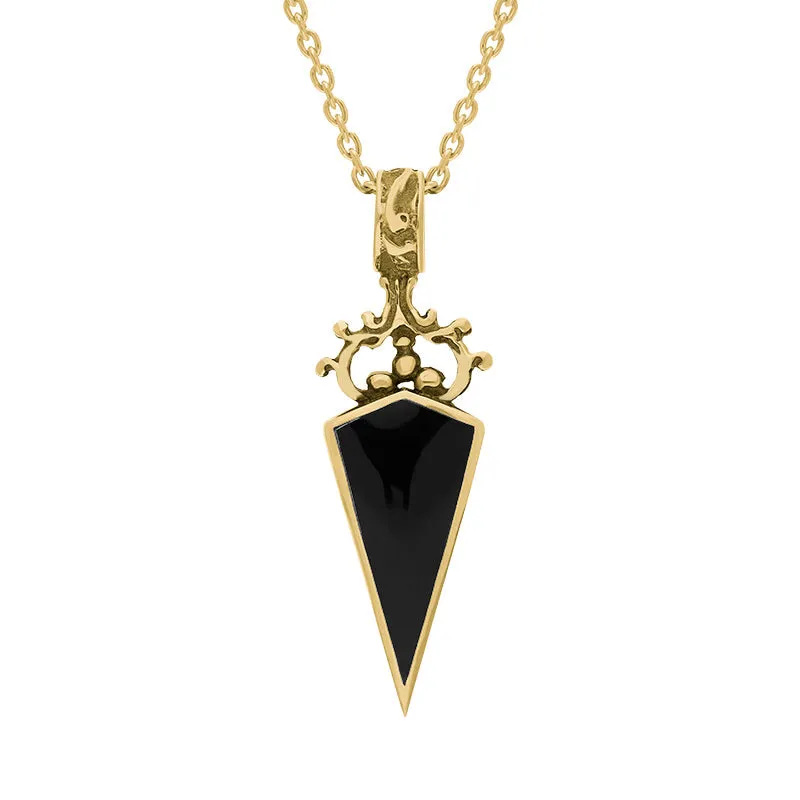 9ct Yellow Gold Whitby Jet Lapis Lazuli Double Sided Scroll Dagger Fob Necklace