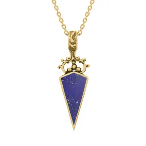 9ct Yellow Gold Whitby Jet Lapis Lazuli Double Sided Scroll Dagger Fob Necklace
