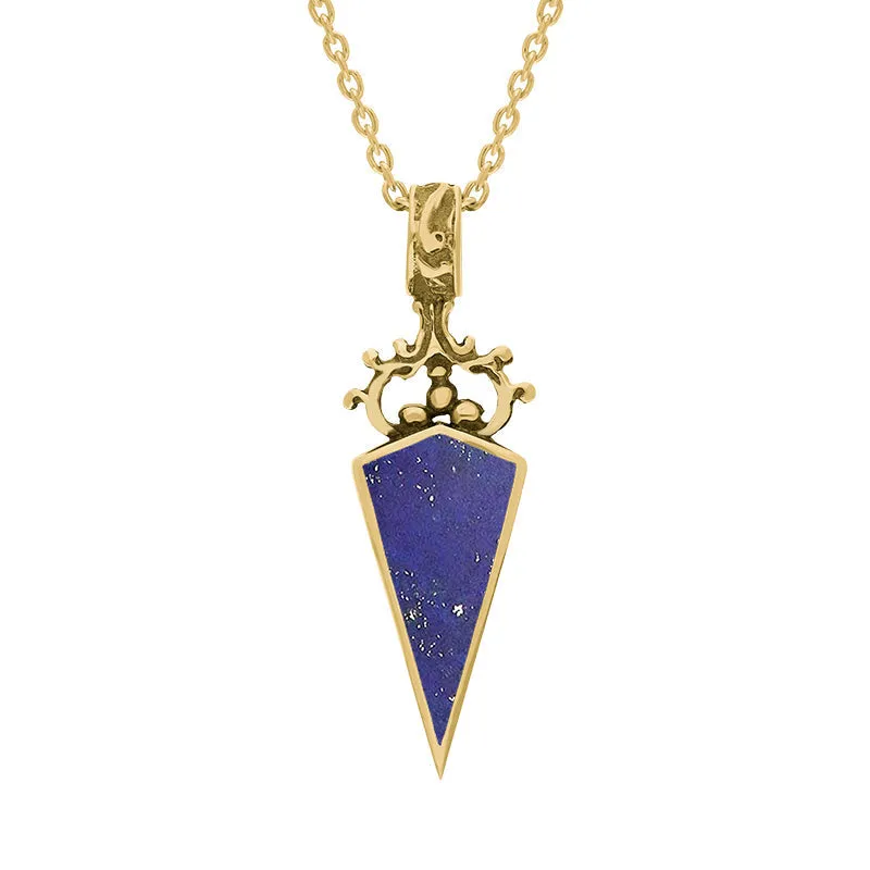 9ct Yellow Gold Whitby Jet Lapis Lazuli Double Sided Scroll Dagger Fob Necklace