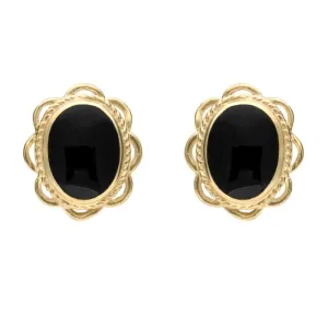 9ct Yellow Gold Whitby Jet Large Rope Oval Frill Stud Earrings