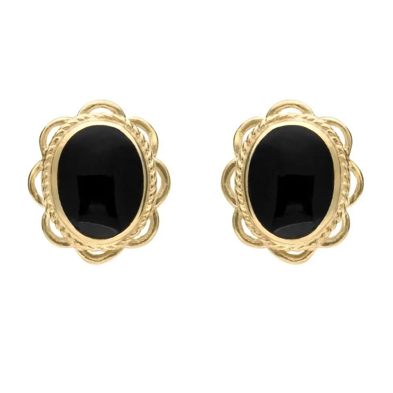 9ct Yellow Gold Whitby Jet Large Rope Oval Frill Stud Earrings