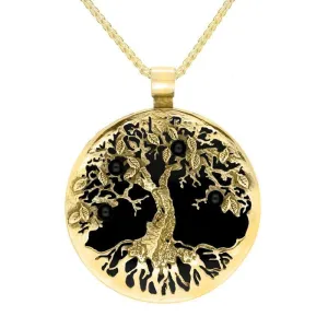 9ct Yellow Gold Whitby Jet Large Round Tree Of Life Necklace