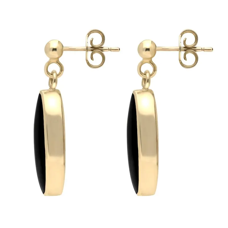 9ct Yellow Gold Whitby Jet Light Long Oval Drop Earrings