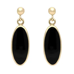 9ct Yellow Gold Whitby Jet Light Long Oval Drop Earrings