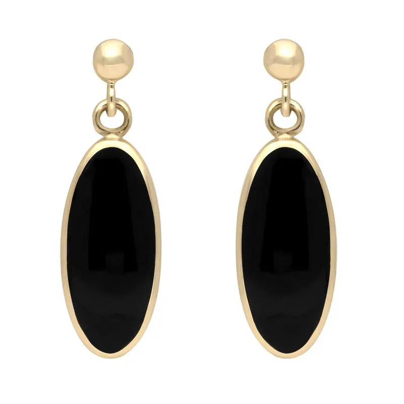 9ct Yellow Gold Whitby Jet Light Long Oval Drop Earrings