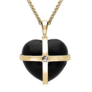 9ct Yellow Gold Whitby Jet Marcasite Medium Cross Heart Necklace