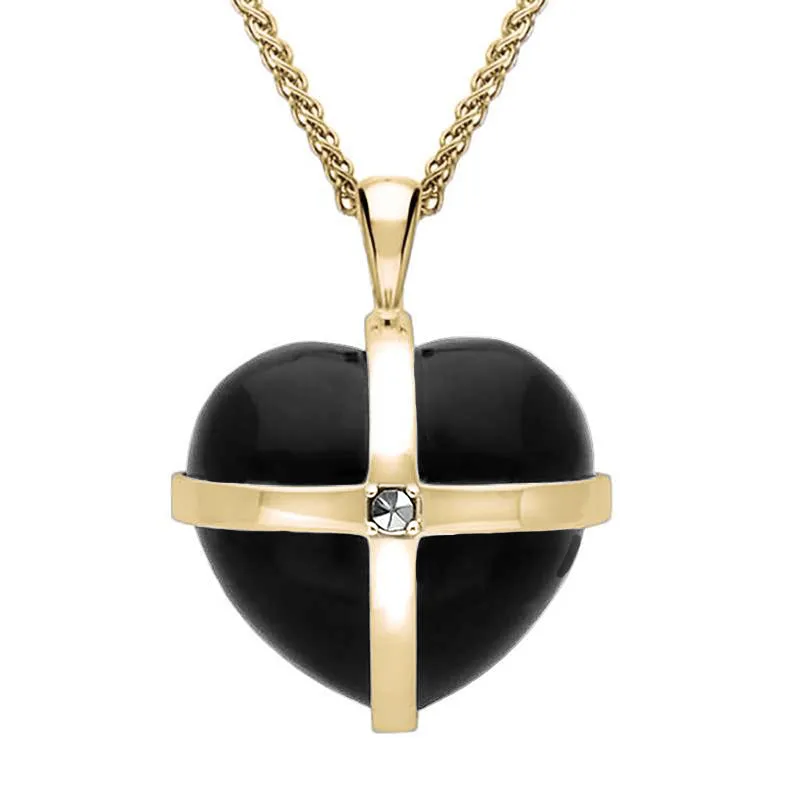 9ct Yellow Gold Whitby Jet Marcasite Medium Cross Heart Necklace
