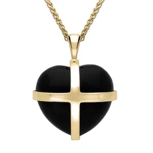 9ct Yellow Gold Whitby Jet Medium Cross Heart Necklace