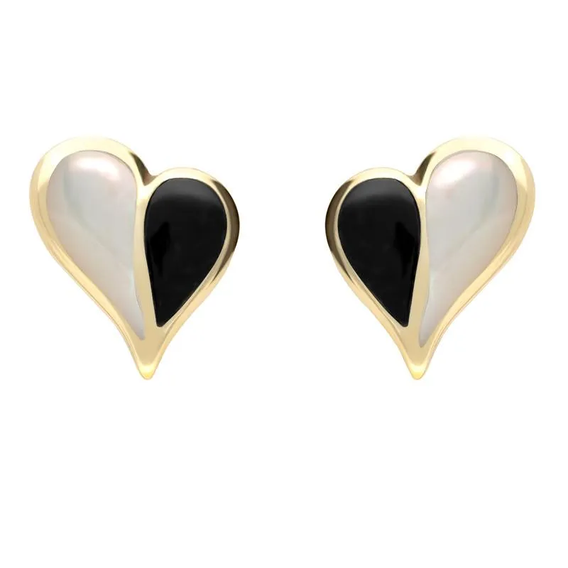 9ct Yellow Gold Whitby Jet Mother of Pearl Split Heart Stud Earrings