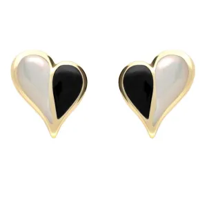 9ct Yellow Gold Whitby Jet Mother of Pearl Split Heart Stud Earrings