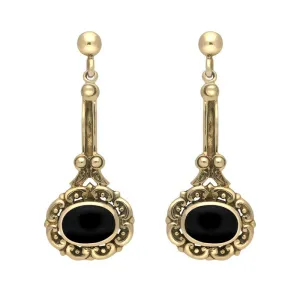 9ct Yellow Gold Whitby Jet Ornate Antique Oval Drop Earrings