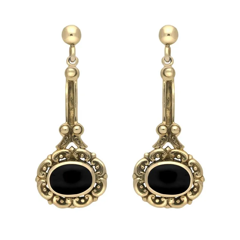 9ct Yellow Gold Whitby Jet Ornate Antique Oval Drop Earrings