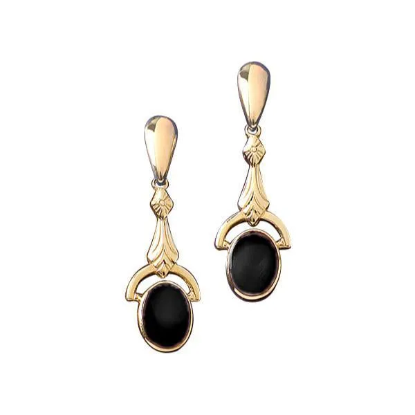 9ct Yellow Gold Whitby Jet Oval Art Deco Drop Earrings