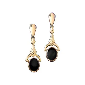 9ct Yellow Gold Whitby Jet Oval Art Deco Drop Earrings