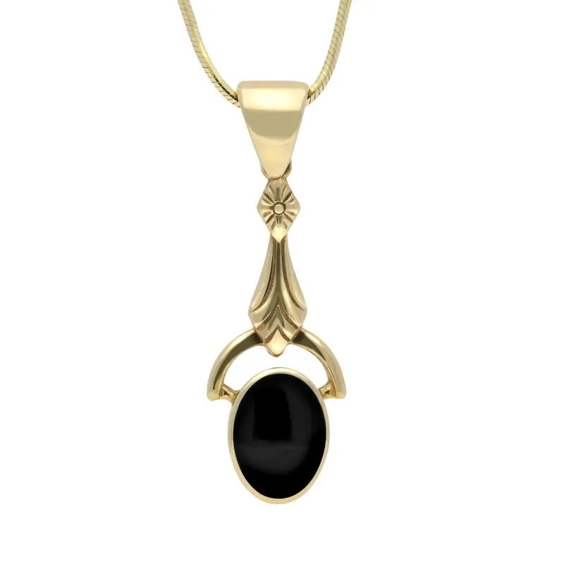9ct Yellow Gold Whitby Jet Oval Art Deco Drop Necklace